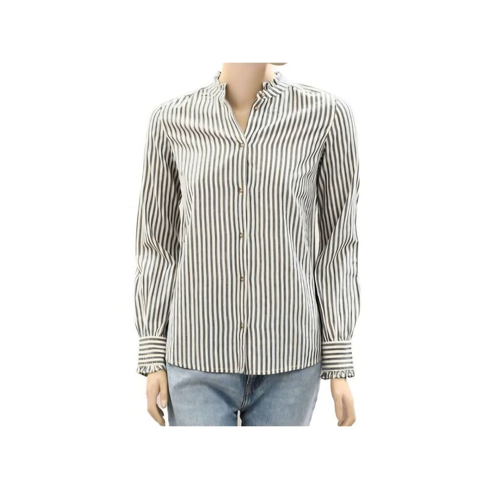 Sezane Carine Shirt Blue White Stripes Ruffle Hems size 34/US 2